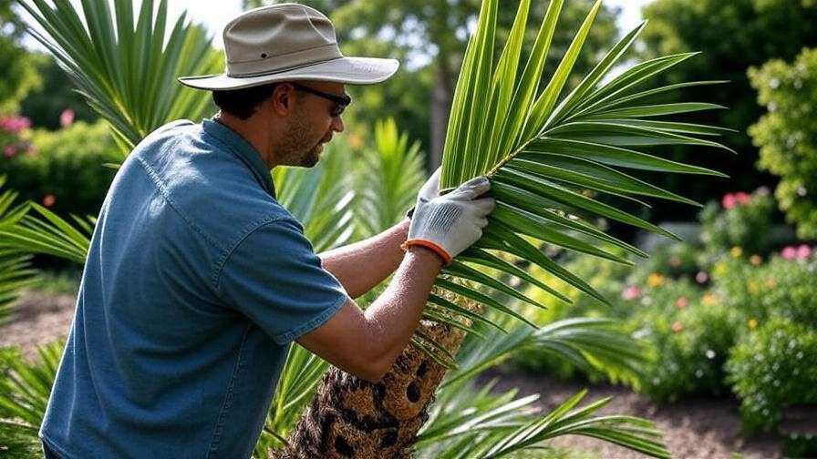 "Gardener inspecting mule palm tree for scale insect damage in a garden." 