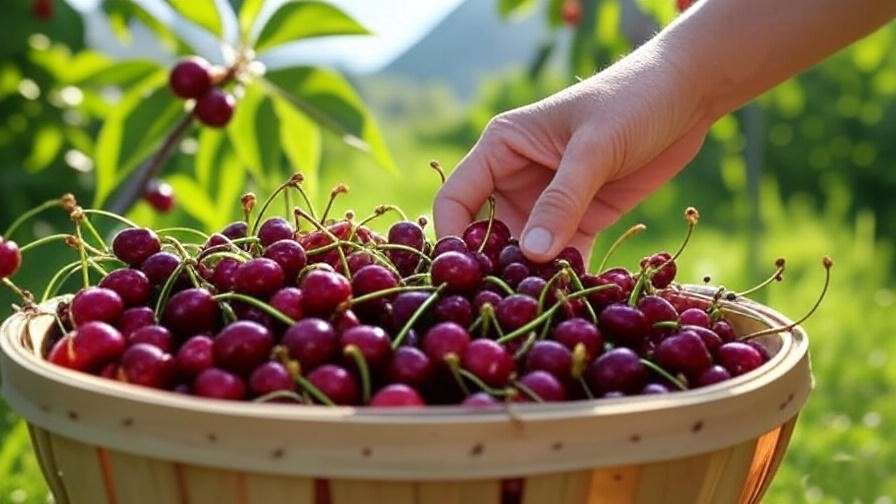  "Hand harvesting ripe Van cherries into a basket from a healthy tree." 