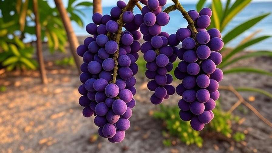 "Ripe purple sea grape fruit clusters on a tree branch in a tropical coastal setting". 