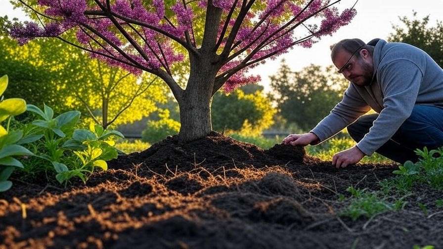  "Gardener inspecting a redbud tree with leaf drop for soil drainage issues in a garden." 
