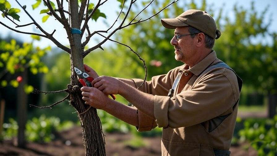 Gardener pruning and training a bare root fruit tree with stakes in a sunny garden. 