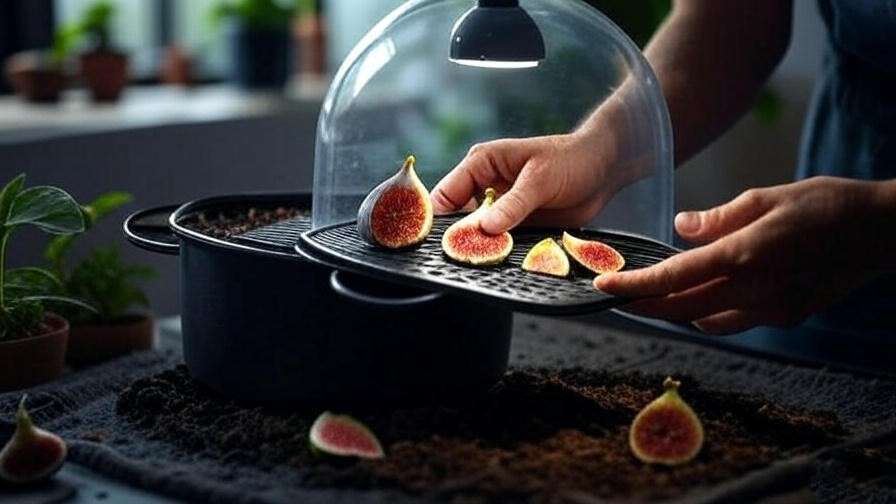  "Gardener using heat mat and humidity dome for fig cutting propagation". 
