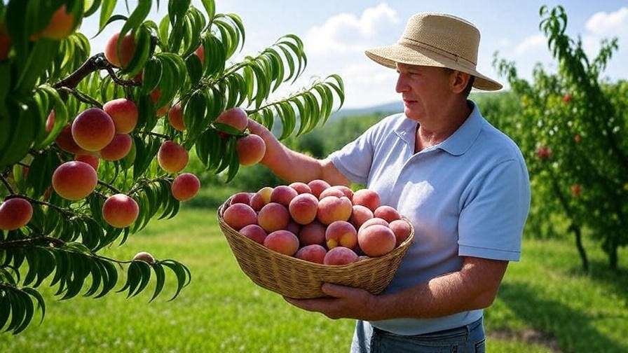 "Gardener harvesting fresh Reliance peaches into a basket in a bright summer garden."