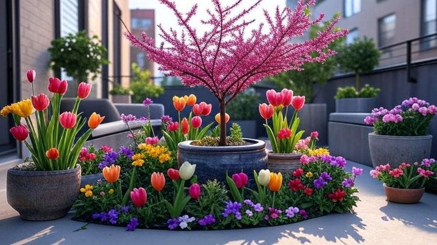 : "Urban patio with weeping Covey redbud in a container and colorful flowers." 