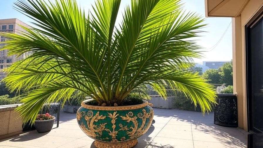 Mule palm tree in a decorative pot on a sunny patio." 