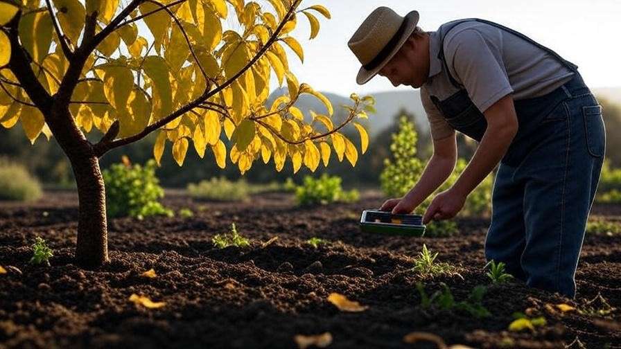 Gardener testing soil near a Van cherry tree with yellowing leaves." 
