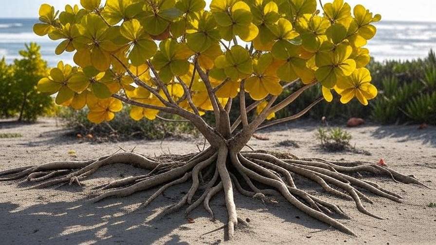  "Sea grape tree with yellowing leaves in a sandy coastal garden near the ocean".