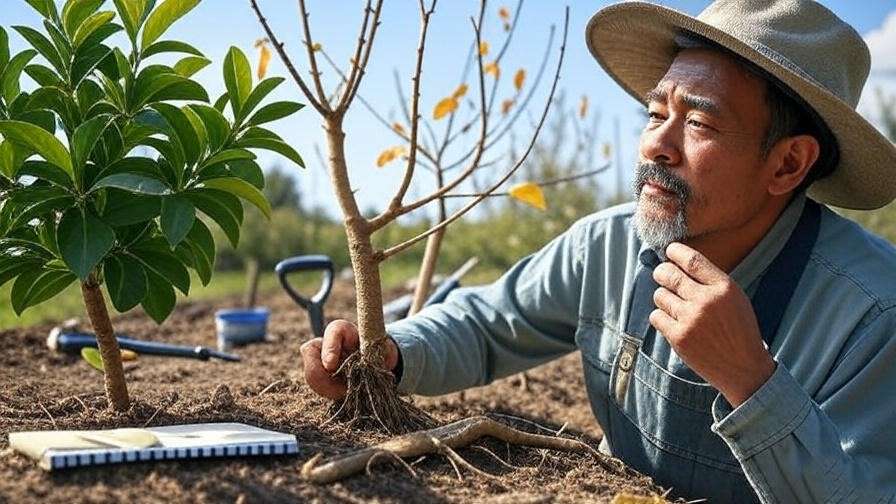 Gardener inspecting a bare root fruit tree with yellowing leaves in an orchard. 