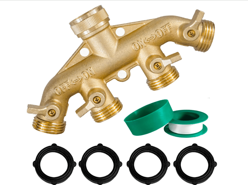 
Hourleey Brass Garden Hose Splitter (4 Way), Solid Brass Hose Connector 3/4", Hose Spigot Adapter 4 Valves with 4 Extra Rubber Washers