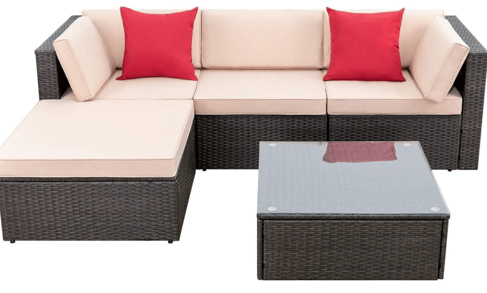Devoko 5 Pieces Patio Furniture Sets All Weather Outdoor Sectional Patio Sofa Manual Weaving Wicker Rattan Patio Seating Sofas with Cushion 