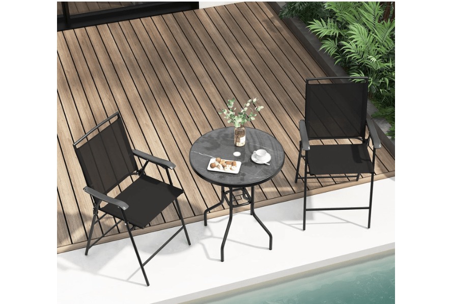 
COSTWAY 3 PCS Patio Table and Chairs Set, Bistro Furniture with DPC Tabletop, Umbrella Hole, Outdoor Bar Set with Round Table and 2 Folding