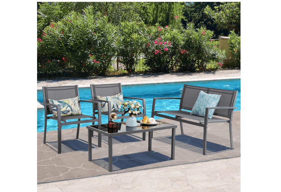 
Vongrasig 4 Pieces Patio Furniture Sets, Small Modern Metal Textilene Outdoor Furniture Conversation Sets, Lawn Garden Porch Balcony Mesh Bistro