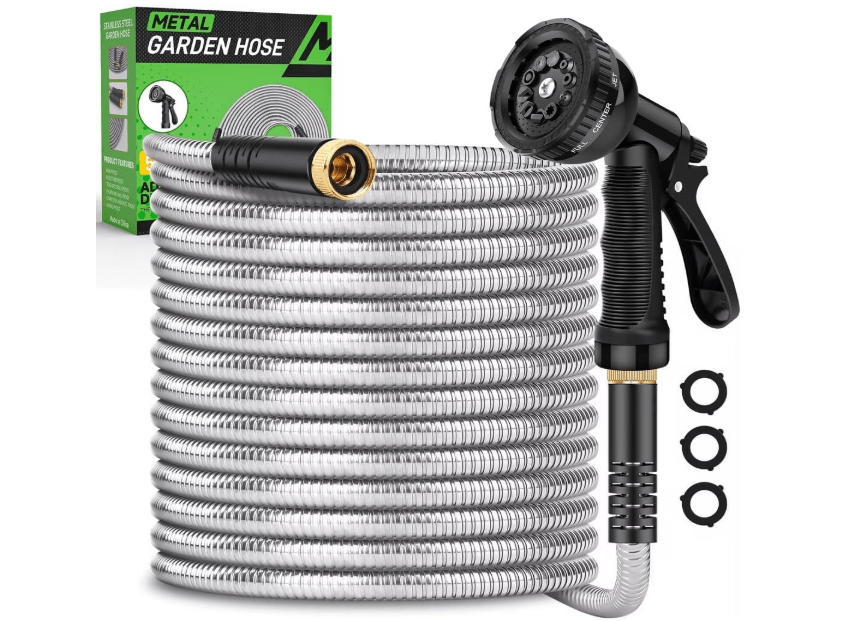  Garden Hose 50ft, Heavy Duty Stainless Steel Water Hose with 10 Functional Nozzles, No Kink, Lightweight and Flexible, Easy to Use and Store, Strong and.