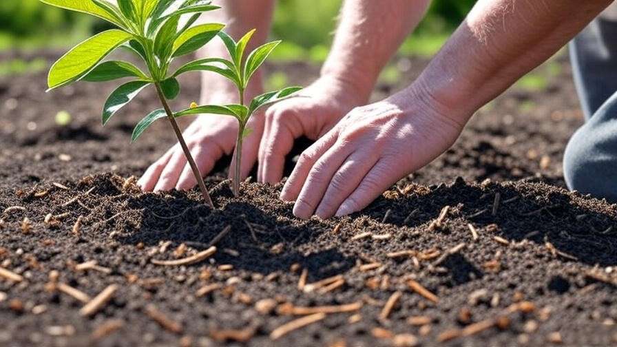  "Gardener planting a tree dahlia tuber in well-draining soil with compost and mulch in a sunny garden."