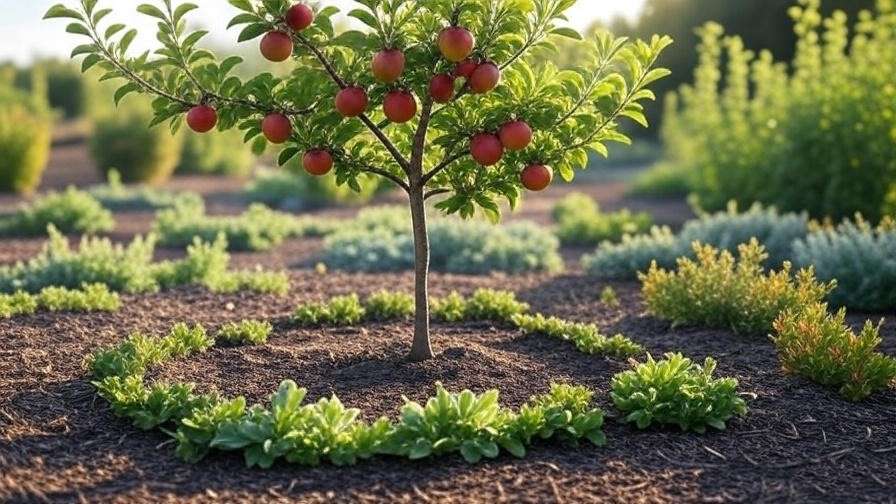  "Columnar Apple Tree with ripe apples in a small garden, surrounded by mulch and lush plants." 