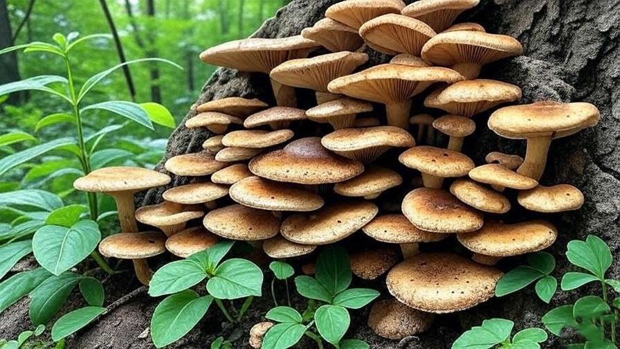  "Close-up of mushrooms growing on a tree trunk in a 