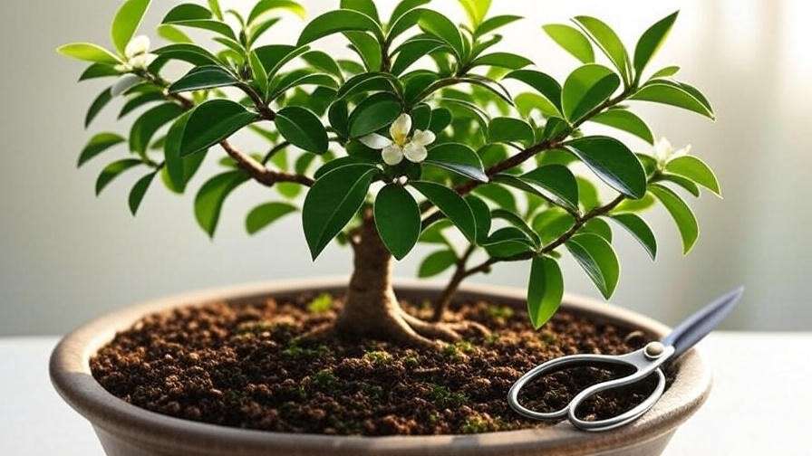 Close-up of a Fukien Tea Bonsai Tree with glossy leaves and white flowers, bonsai shears nearby for pruning. 