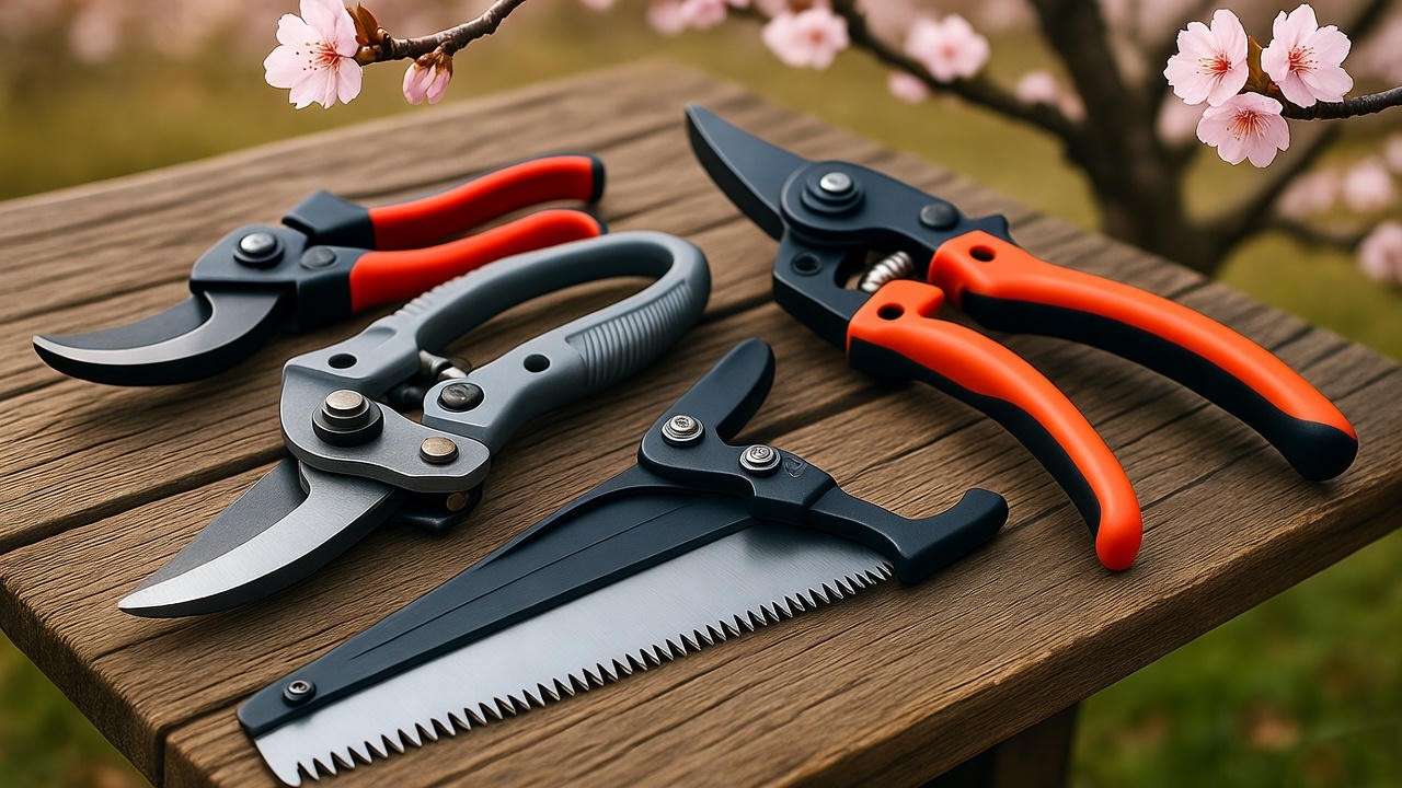 Pruning tools including shears, loppers, and saw with cherry tree branch in background."