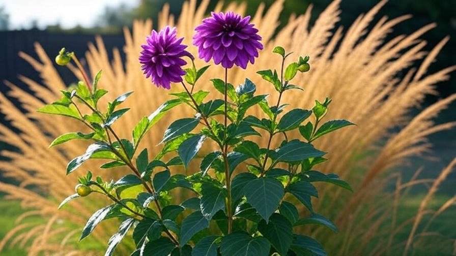 "Tree dahlia with purple blooms supported by bamboo stakes in a garden with ornamental grasses."