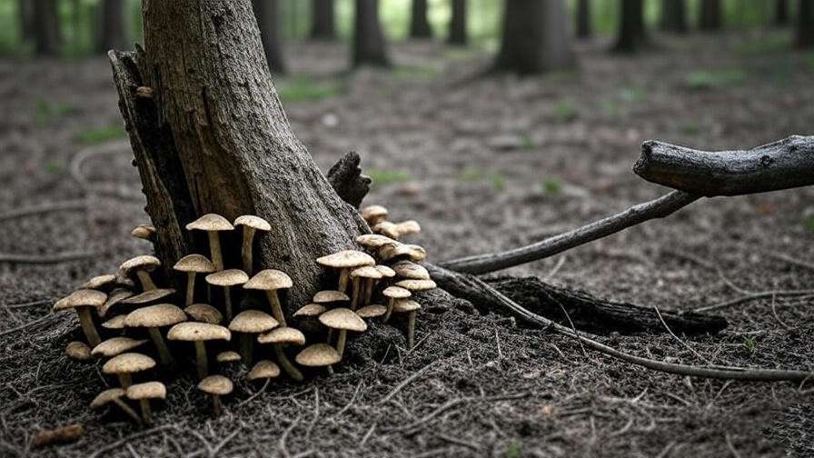  "Decayed tree with mushrooms at the base and a fallen branch in a forest."