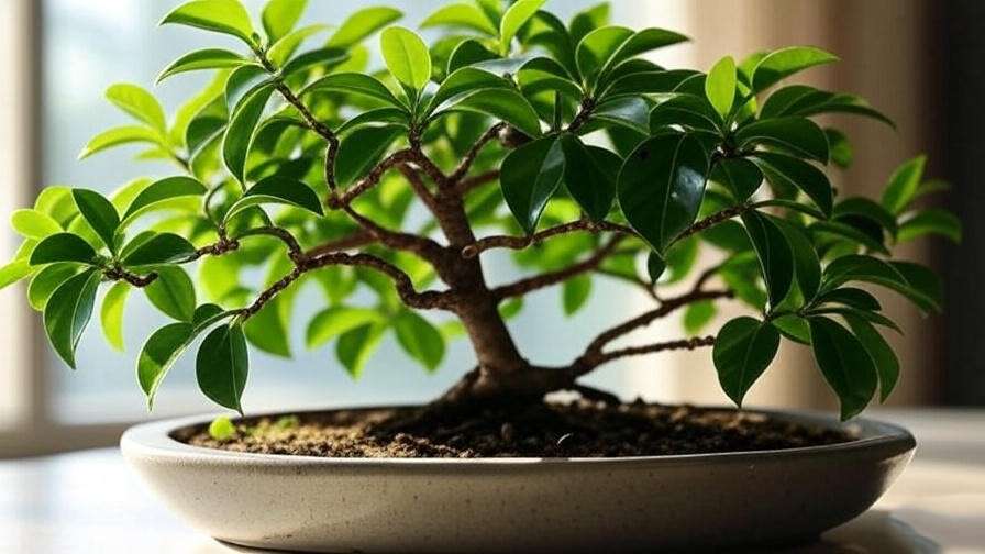  Fukien Tea Bonsai Tree with wired branches curved elegantly, potted in a shallow container under bright light. 