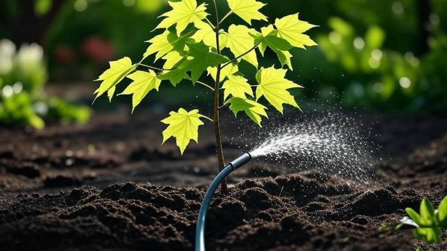  "Soaker hose watering young maple tree with moist soil." 