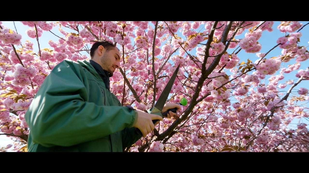  "Gardener pruning a cherry tree with pink blossoms using a thinning cut technique." 