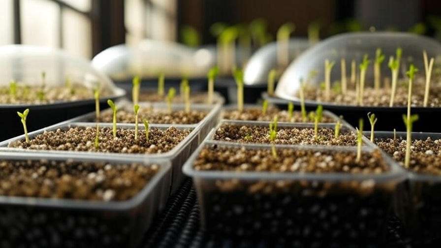 "Germination setup for palm tree seeds with trays, heat mat, and sprouting seedlings" 