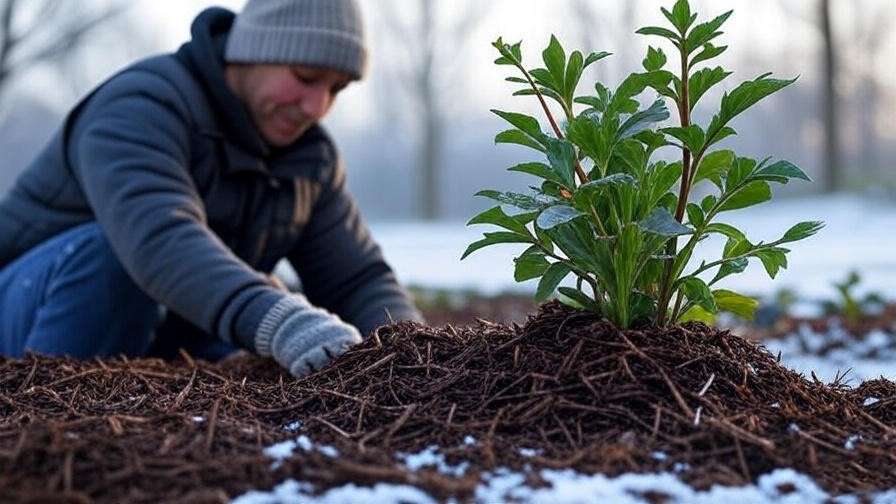  "Gardener mulching tree dahlia base for frost protection in a snowy garden." 