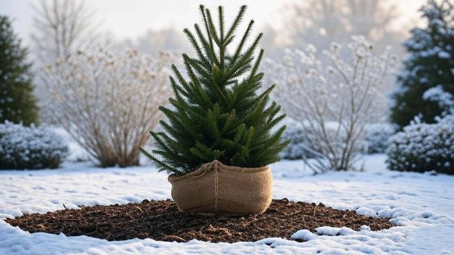 "Columnar Norway Spruce tree wrapped in burlap with mulch in a snowy garden." 