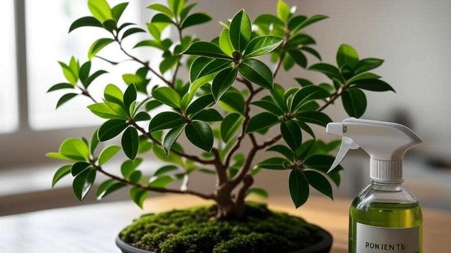 Tea Bonsai Tree with pest damage and a neem oil spray bottle for treatment. 