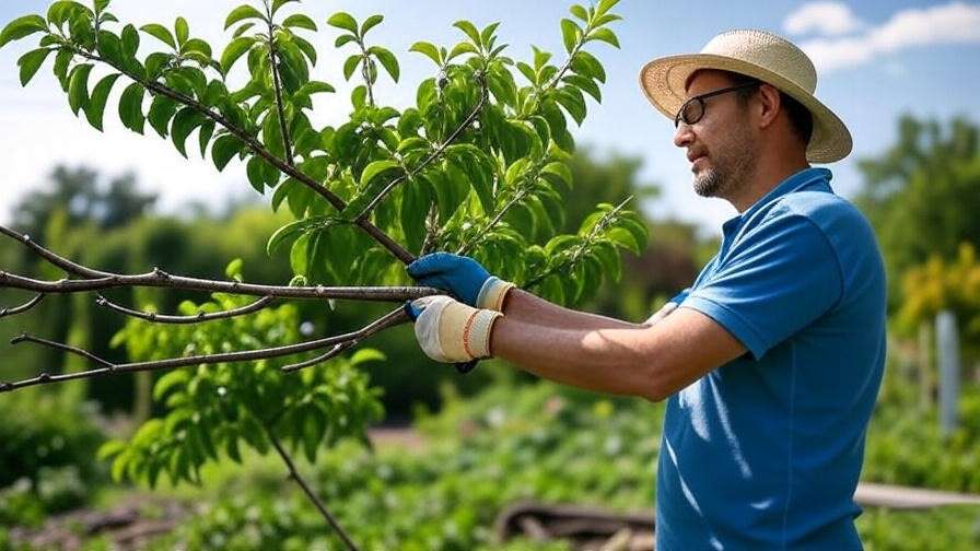 Gardener pruning cherry tree with bypass pruners." 