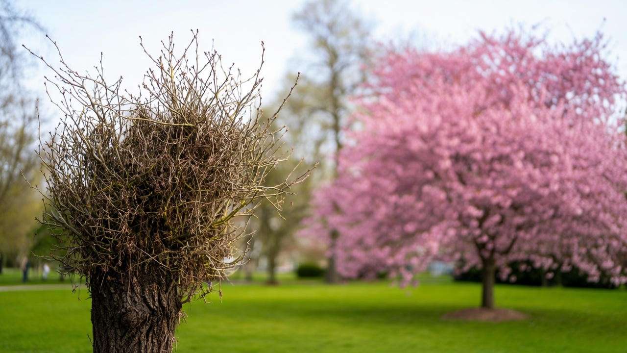  "Over-pruned cherry tree next to a healthy pruned cherry tree with blossoms." 
