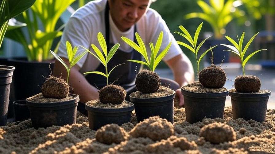 "Gardener transplanting palm seedlings into pots with careful root handling" 