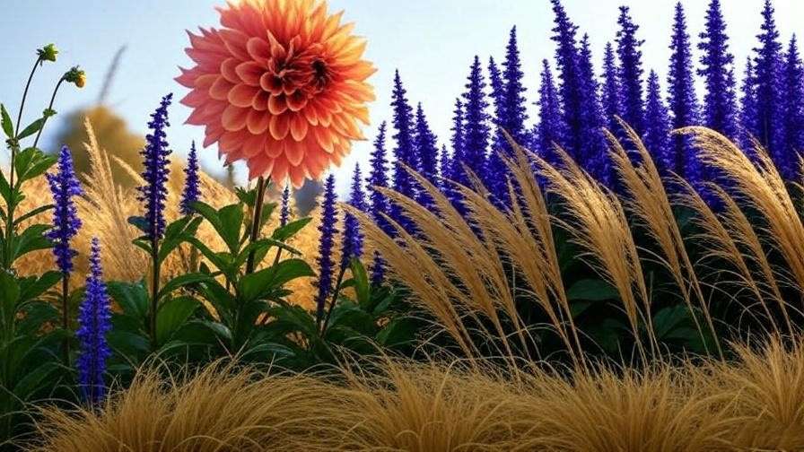 "Garden border with tree dahlia centerpiece, salvia, and ornamental grasses in late fall." 