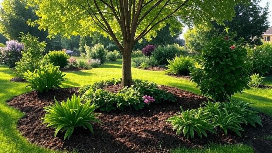 "Well-maintained garden with healthy trees and proper mulch for fungal prevention."