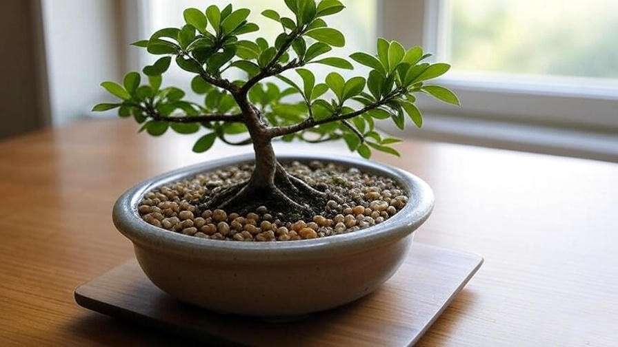 Fukien Tea Bonsai Tree with a humidity tray and pebbles near a bright window. 
