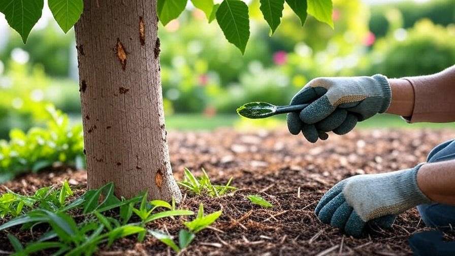  "Gardener applying neem oil to wooden tree with pest damage." 