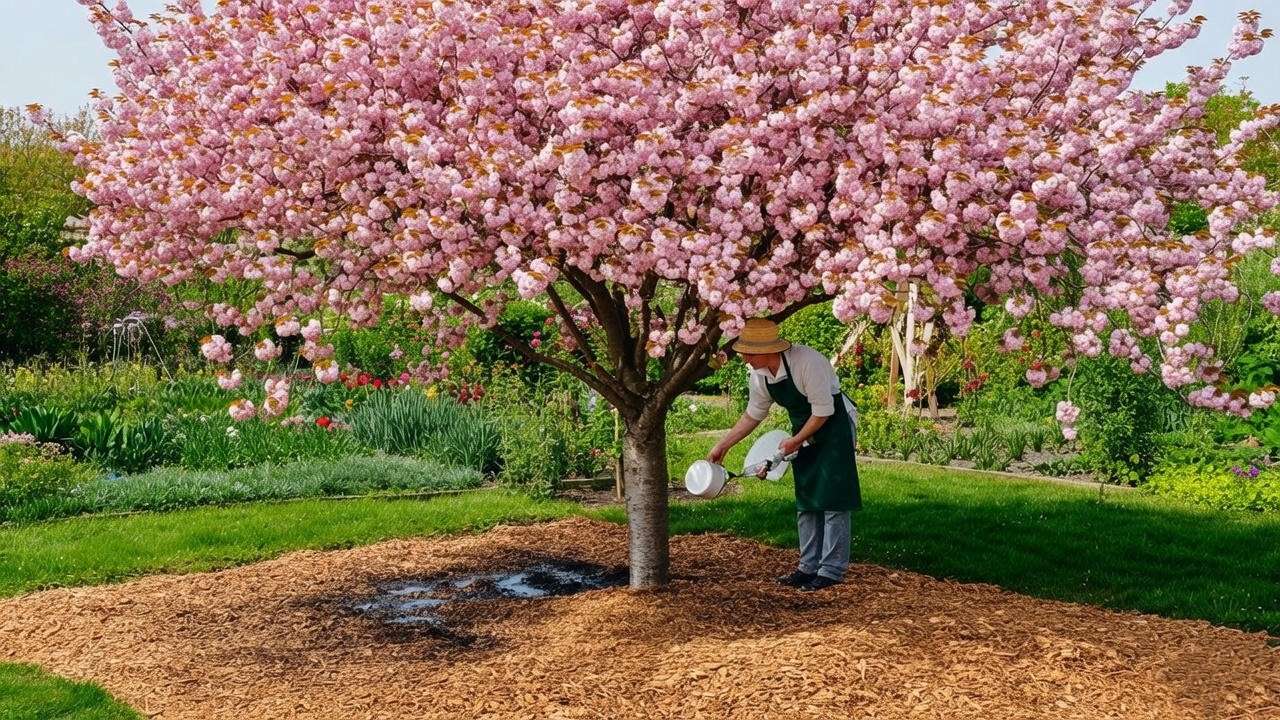 : "Cherry tree with mulch and gardener applying fertilizer post-pruning." 