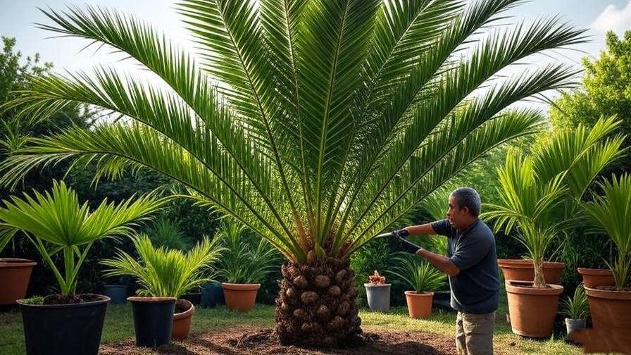 "Gardener pruning mature palm tree with healthy fronds in a sunny garden"