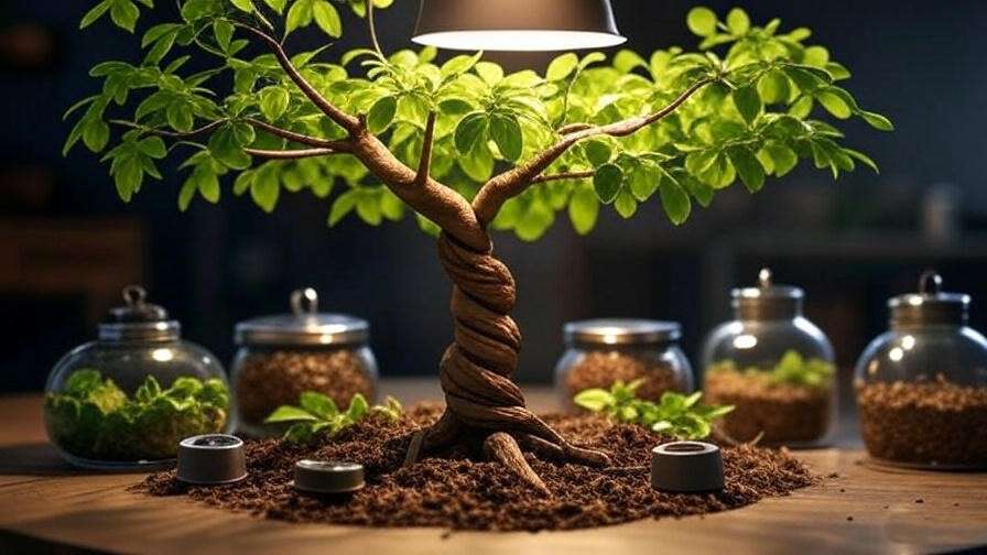 "Money tree with braided trunk and organic compost tea tools under grow light