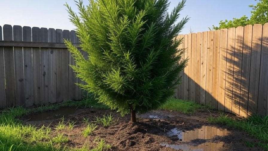 "Overcrowded Italian Cypress tree with stunted growth near a fence in poor soil." 