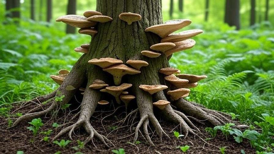 "Healthy tree with mycorrhizal fungi in roots surrounded by diverse plants. 