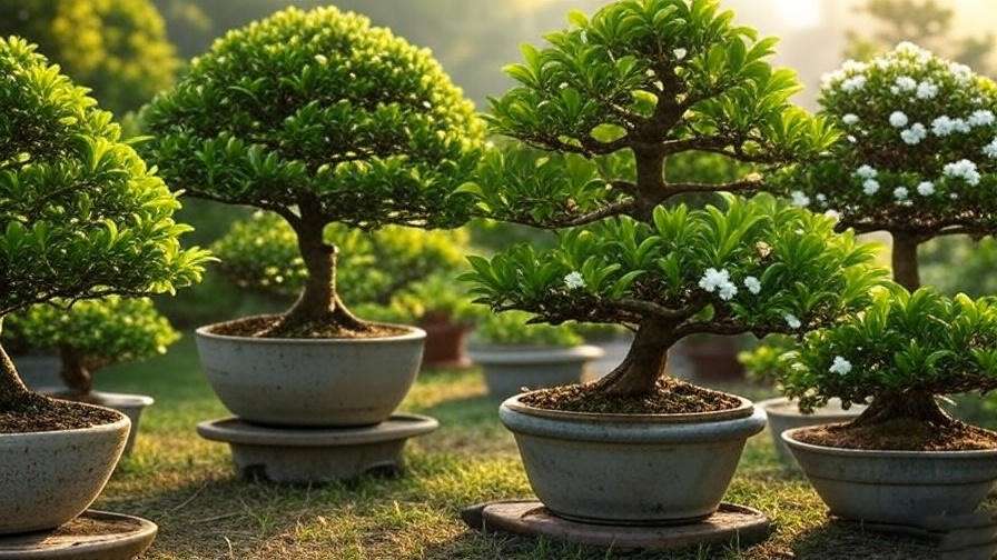 Collection of Fukien Tea Bonsai Trees in different styles like upright and cascade in an outdoor garden. 