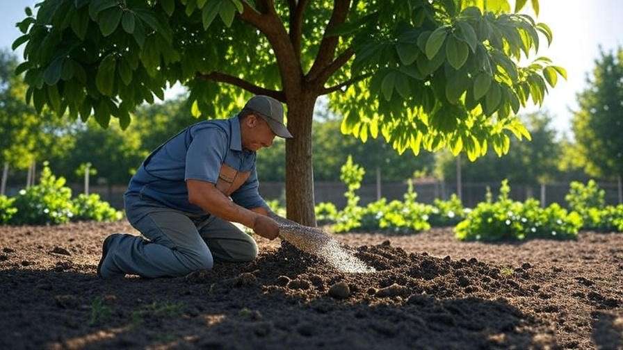  "Gardener fertilizing mature walnut tree with slow-release fertilizer." 