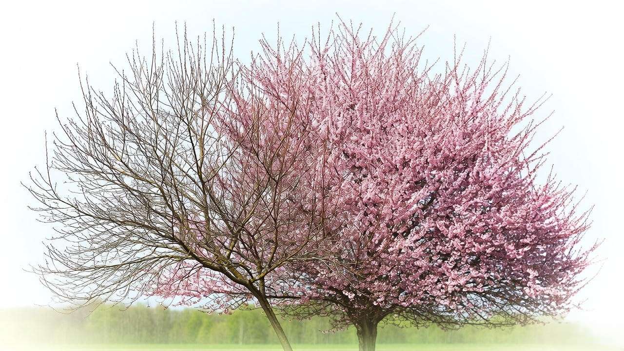 "Seasonal cherry tree progression from winter to summer blooms." 