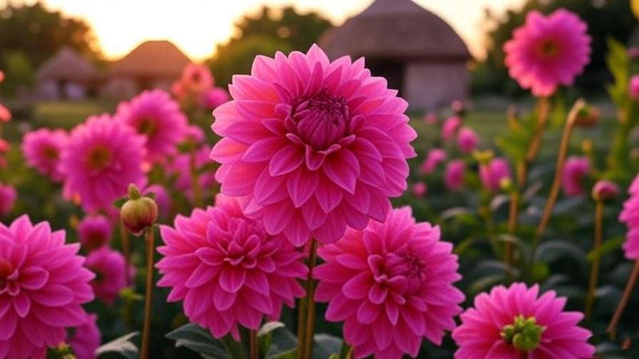 "Historical illustration of tree dahlias in a traditional Mexican garden with indigenous huts." 
