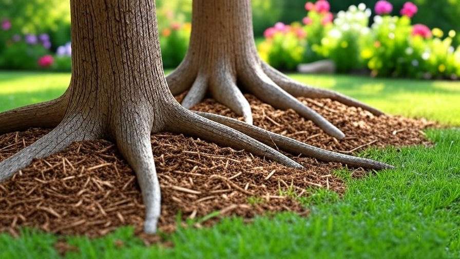 Well-mulched base of wooden trees with wood chips." 