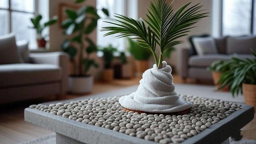 "Winter care for palm tree with frost cloth and pebble tray indoors" 