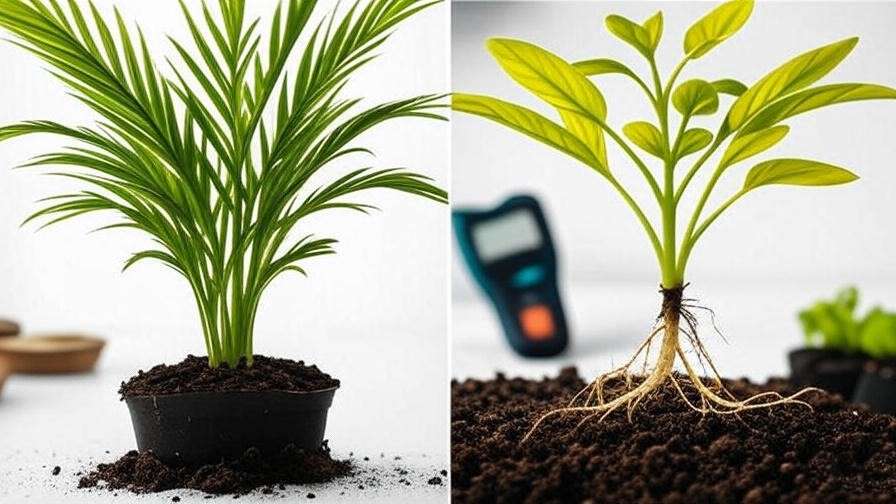 Comparison of healthy and overwatered palm seedlings with gardening tools" 